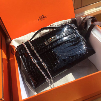 Hermes Black Mini Kelly Pochette Gator Shine with Palladium Hardware
