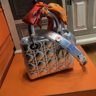 Christian Dior My Lady Dior bag in silver-tone grained leather 'Cannage' topstitching 