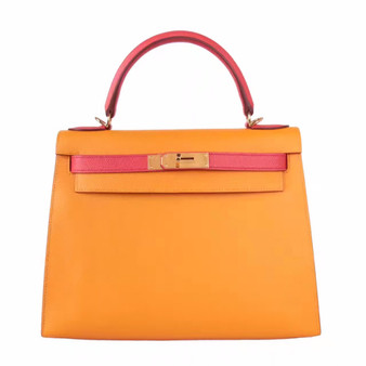 Hermes Special Order Bi-Colours 9V Jaune d'Or / T5 Rose Jaipur Kelly 28 cm Epsom Gold Hardware