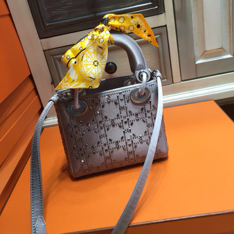Christian Dior Limited Edition MINI LADY DIOR GREY SATIN BAG WITH SWAROVSKI CANNAGE 