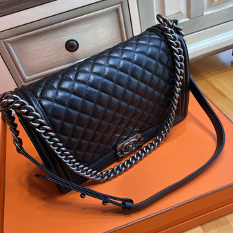 CHANEL Calfskin Black Large 28cm Boy Bag with Silver Hardware