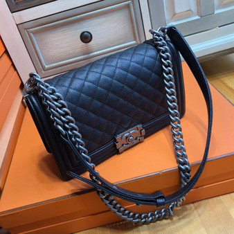 CHANEL Black Caviar Quilted Medium Boy Flap With Aged Silver Hardware