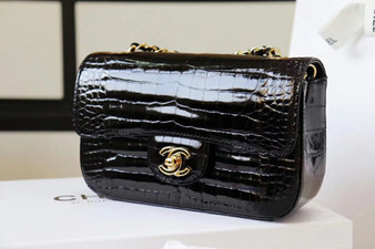 Chanel Black Shinny Alligator Classic Mini Flap Bag with Gold Hardware