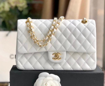 CHANEL White Lambskin Leather Classic Double Flap 2.55 Shoulder Bag With Gold Hardware  CHANEL White Lambskin Leather Classic Double Flap 2.55 Shoulder Bag With Gold Hardware