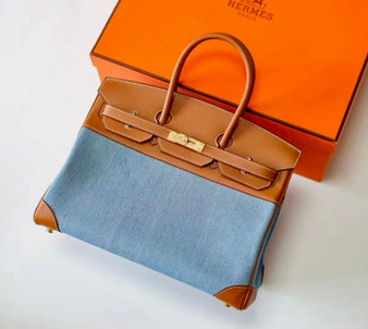 HERMÈS Blue Toile Birkin 35 with Barenia Leather  HERMÈS Blue Toile Birkin 35 with Barenia Leather