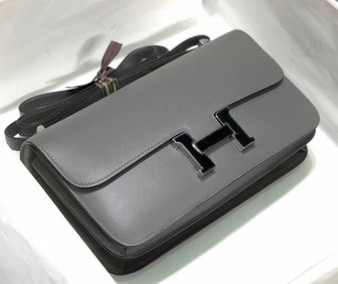 Hermes Constance 25cm Grey Box Leather Shoulder Bag with Enamel Hardware