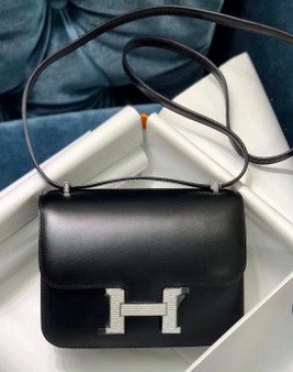 Hermes Black Box Leather  Constance 23 Bag with Diamonds 