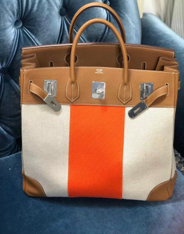 Hermes Birkin 40 HAC Gold Togo Toile De Camp Palladium Hardware   Hermes Birkin 40 HAC Gold Togo Toile De Camp Palladium Hardware