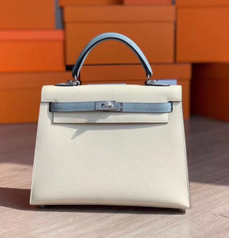 Hermes  Craie/ Blue Lin Kelly 25 cm Epsom Palladium  Hardware Hermes  Craie/ Blue Lin Kelly 25 cm Epsom Palladium  Hardware