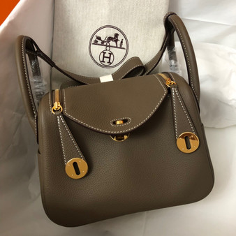 Hermes Mini Lindy 20cm Bag Etoupe Taurillon Clemence Leather Gold Hardware