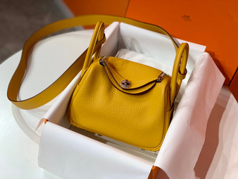 Hermes Mini Lindy 20cm Bag 9D Amber Togo Leather Palladium Hardware