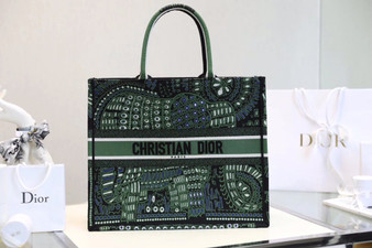 Christian Dior DIOR BOOK TOTE BAG IN GREEN EMBROIDERED CANVAS 