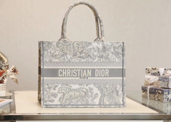 Christian Dior SMALL DIOR BOOK TOTE Gray Multicolor Toile De Jouy Embroidery  Christian Dior SMALL DIOR BOOK TOTE Gray Multicolor Toile De Jouy Embroidery