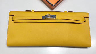  HERMES KELLY CUT CLUTCH BAG JAUNE D'or EPSOM PALLADIUM HARDWARE