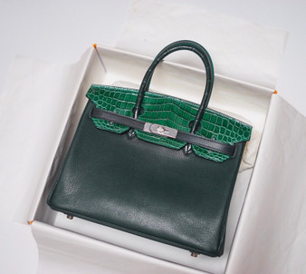 Hermes Birkin Touch 30 Green Porosus Crocodile & Rose Clemence leather with Palladium Hardware