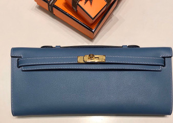  HERMES KELLY CUT CLUTCH BAG BLUE JEAN EPSOM GOLD HARDWARE