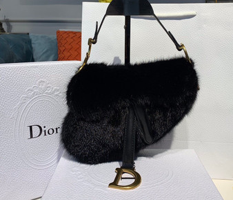 Christian Dior Saddle Handbag Fur Medium Black 