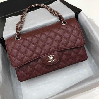 CHANEL Bordeaux Caviar Leather Classic Double Flap 2.55 Shoulder Bag Silver HW 2021