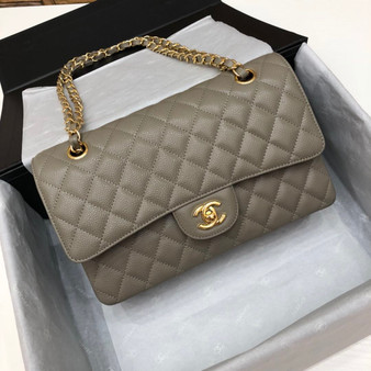 CHANEL Khaki Caviar Leather Classic Double Flap 2.55 Shoulder Bag Gold HW 2021