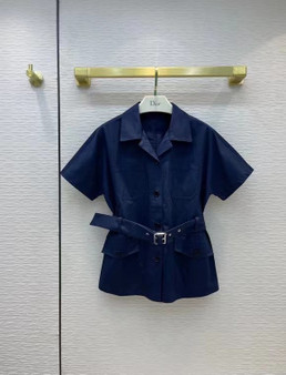 Christian Dior SHORT-SLEEVED BELTED JACKET Deep Blue Cotton Gabardine   Christian Dior SHORT-SLEEVED BELTED JACKET Deep Blue Cotton Gabardine