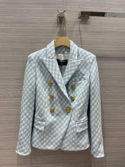 Balmain White and pale blue gingham print tweed jacket Balmain White and pale blue gingham print tweed jacket