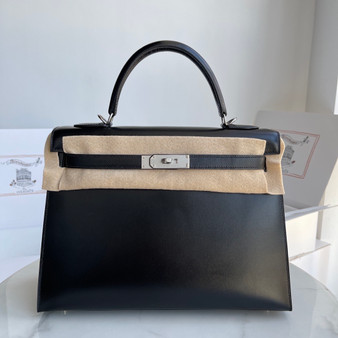 Hermes Black Sellier Kelly Bag Box Leather PHW 32 cm 