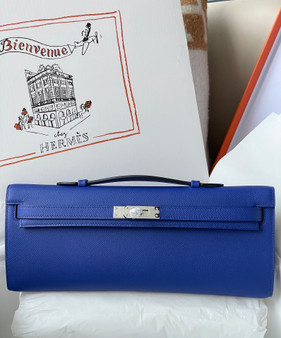  HERMES KELLY CUT CLUTCH BAG BLUE ELECTIRC EPSOM PALLADIUM HARDWARE