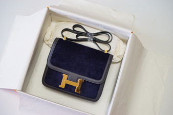  Hermès Navy Corduroy Constance 19cm  Gold GHW