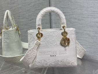 Christian Dior MEDIUM LADY D-LITE BAG Natural Embroidery with Macramé Effect  White