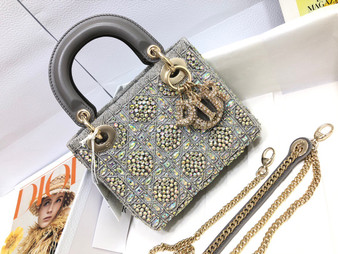 Christian Dior Limited Edition Small Grey Lady Dior bag with crystal and embroidered beads