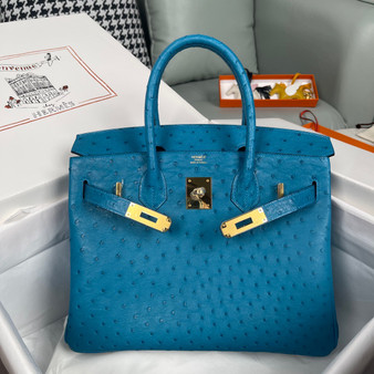 Hermes Blue Izmir Birkin Bag 25cm Ostrich Leather Gold Hardware