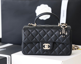 Chanel Top Handle Mini Rectangular Flap Bag with Charm Black Lambskin Gold Hardware