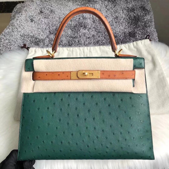 Hermes Special Order  Kelly 28 Sellier emerald /gold Ostrich Gold Hardware 