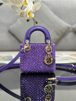 Christian Dior MINI LADY DIOR BAG Square-Motif Embroidery Set with purpleStrass and White Round Beads 