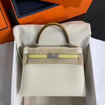 Hermes Special Order Craie/ Jaune Poussin/ Sesame Kelly 25 cm Epsom Palladium  Hardware