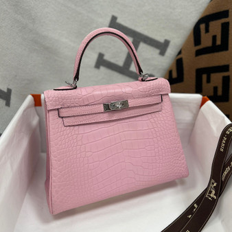 Hermes Sakura Pink Alligator KELLY 25 WITH PALLADIUM  HARDWARE
