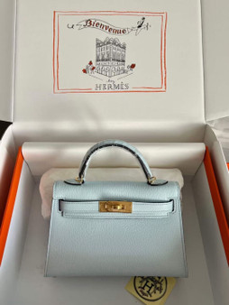Hermès Bleu Pale Mini Kelly II Chevre  Mysore Leather Gold  hardware