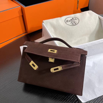 Hermès Kelly Pochette Chocolate Doblis Suede Bag