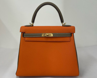 Hermès Special Order Orange/ Etoupe Kelly 25 Togo Leather Gold Hardware  Hermès Special Order Orange/ Etoupe Kelly 25 Togo Leather Gold Hardware