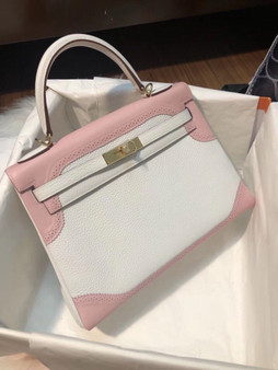 Hermes Special Order Craie/ Pink Kelly 28 Lace Bag Togo and Swift Leather