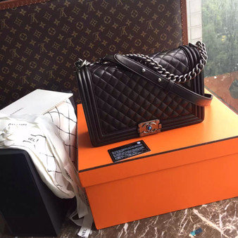 CHANEL Lambskin Black Large 28cm Boy Bag with Silver Hardware