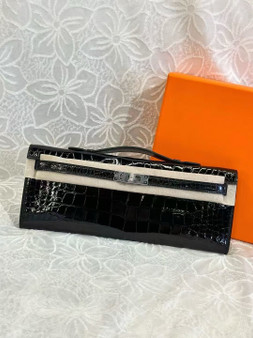 Hermes Kelly 31cm Black Cut Pochette Shiny Niloticus Croc PHW