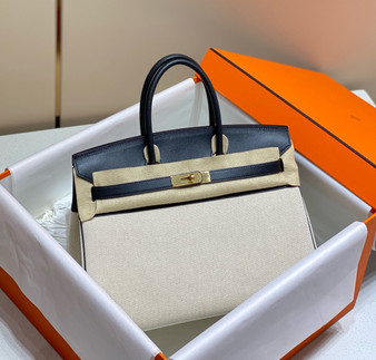 HERMÈS Toile Birkin 35 with Black Swift Leather 