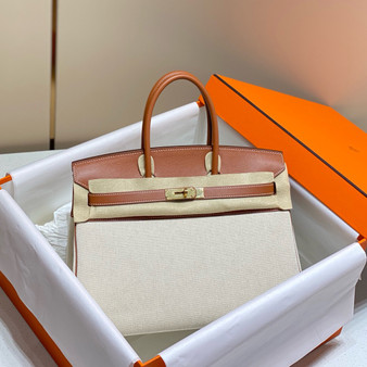 HERMÈS Toile Birkin 35 with Gold Swift Leather 