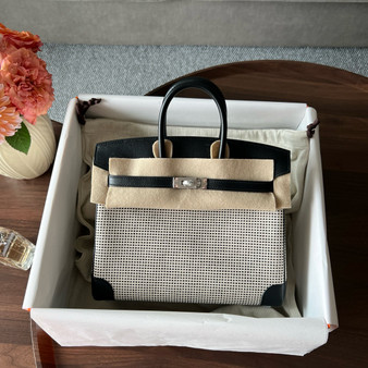 Hermès Black Swift and Ecru Toile Quadrille Birkin 25 Palladium Hardware
