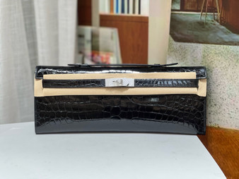 Hermes Kelly 31cm Black Cut Pochette Shiny Niloticus Croc Diamond Hardware