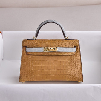 Hermès Special Order Kelly 20 Mini II  Kraft/ Gris Perle Alligator Gold Hardware 