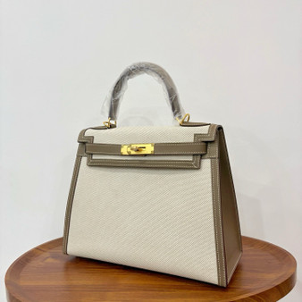 Hermes Sac Kelly Sellier 28 Toile H/Veau Swift Ecru Etoupe With Gold Hardware