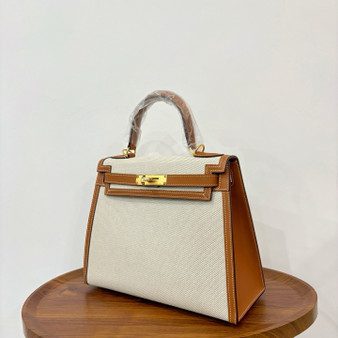 Hermes Sac Kelly Sellier 28 Toile H/Veau Swift Ecru Gold With Gold Hardware