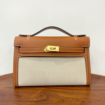 Hermès Limited Edition Mini Kelly Pochette Gold Swift leather/ Toile  Gold hardware